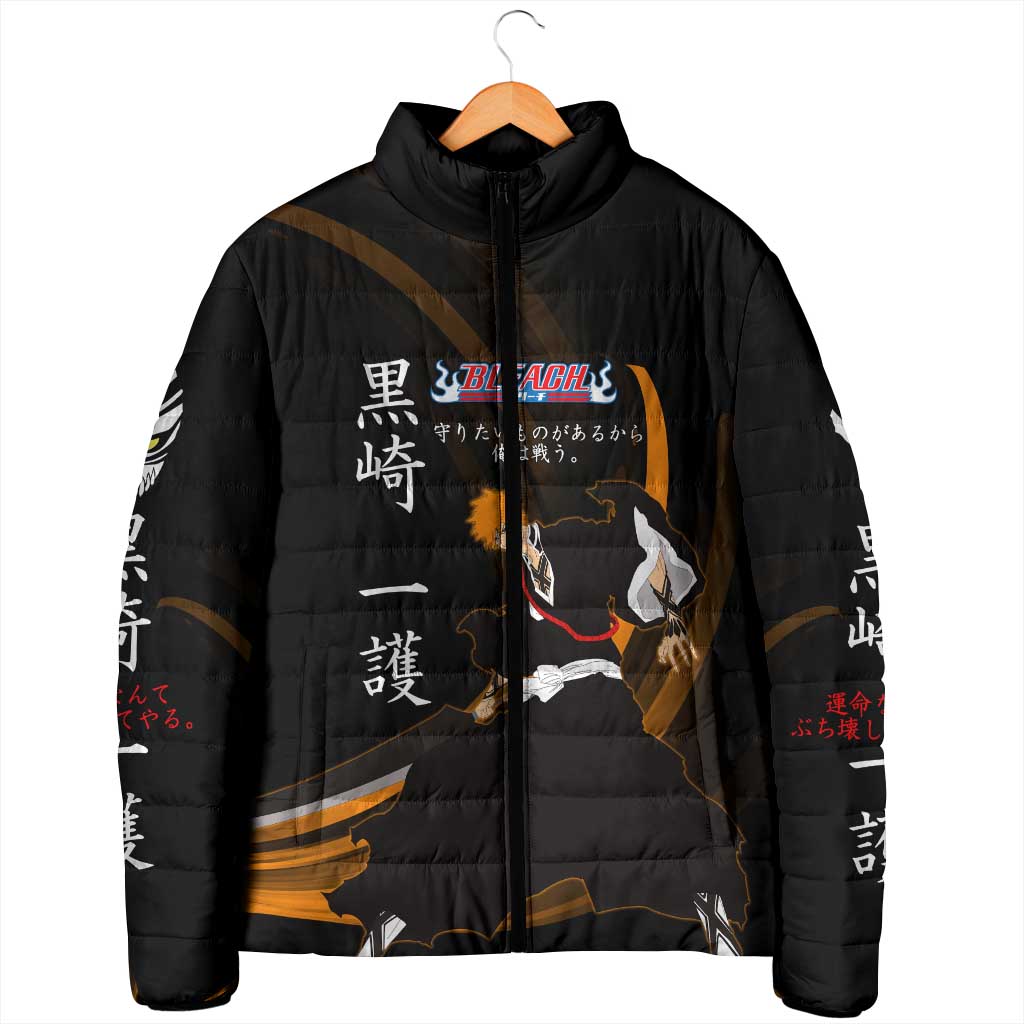 Ichigo Bleach Anime Black and Orange Theme Padded Jacket with Hollow Mask and Japanese Calligraphy Design - The Mazicc