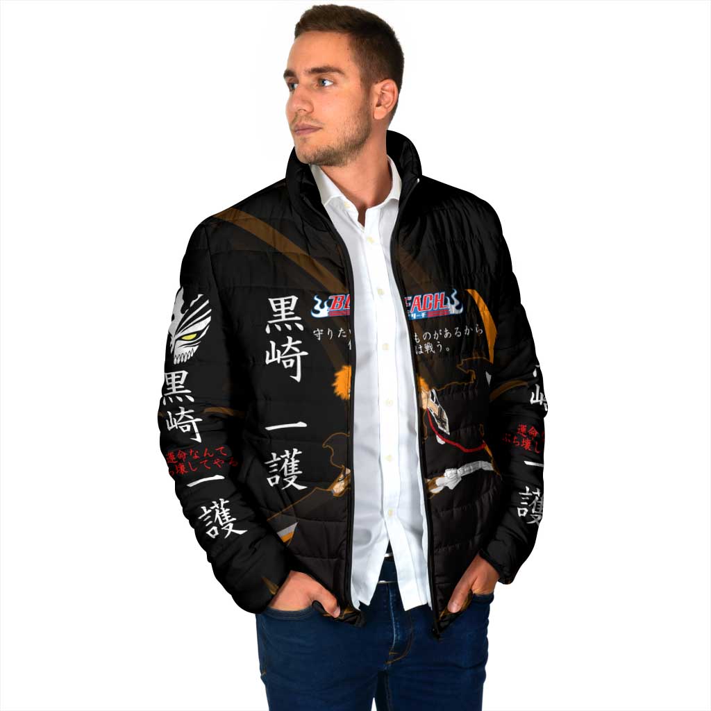 Ichigo Bleach Anime Black and Orange Theme Padded Jacket with Hollow Mask and Japanese Calligraphy Design - The Mazicc