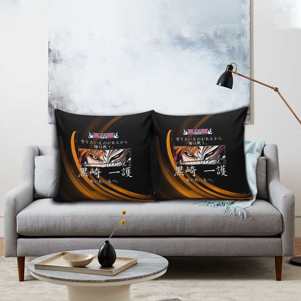 Ichigo Bleach Anime Black and Orange Theme Pillow Cover with Hollow Mask and Japanese Calligraphy Design - The Mazicc