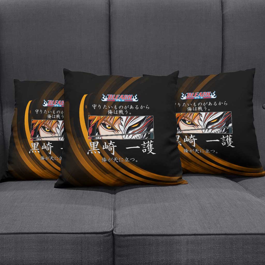 Ichigo Bleach Anime Black and Orange Theme Pillow Cover with Hollow Mask and Japanese Calligraphy Design - The Mazicc