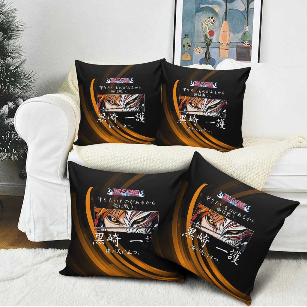 Ichigo Bleach Anime Black and Orange Theme Pillow Cover with Hollow Mask and Japanese Calligraphy Design - The Mazicc