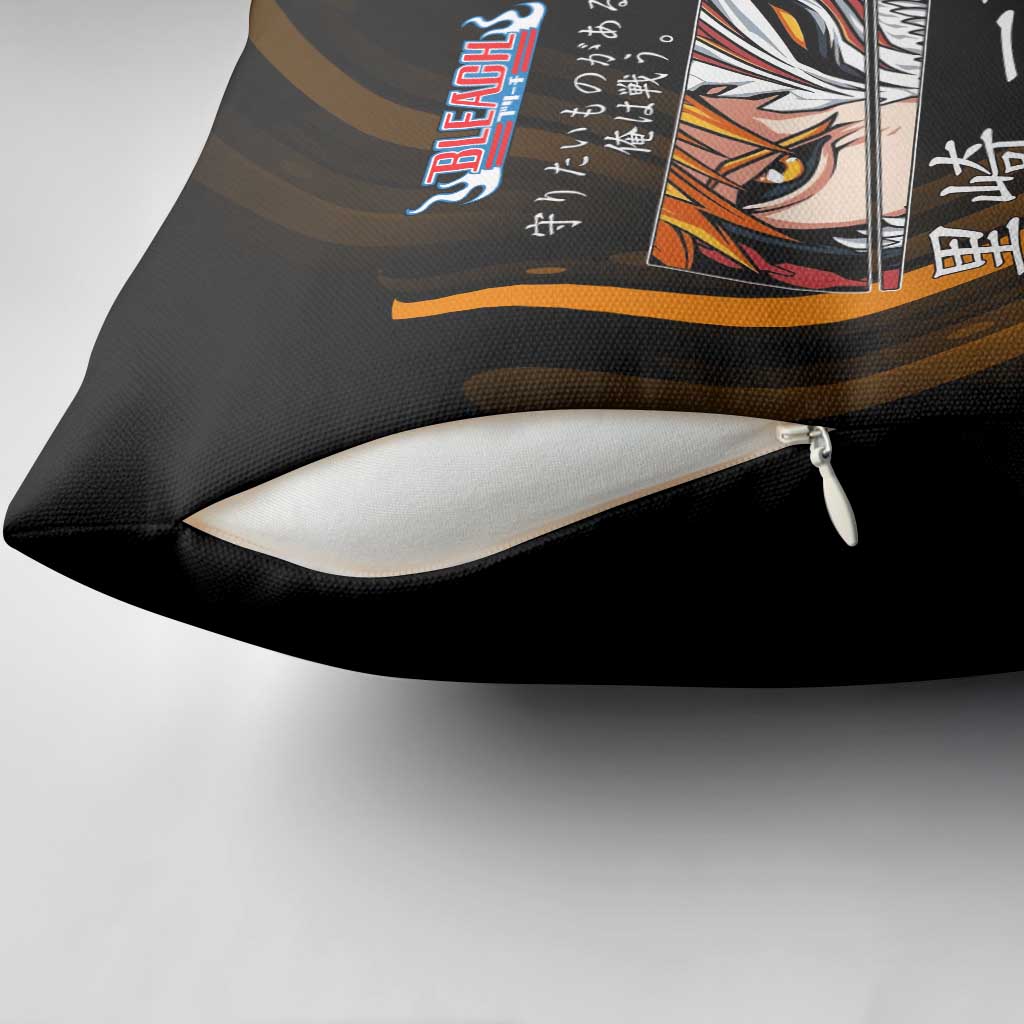 Ichigo Bleach Anime Black and Orange Theme Pillow Cover with Hollow Mask and Japanese Calligraphy Design - The Mazicc