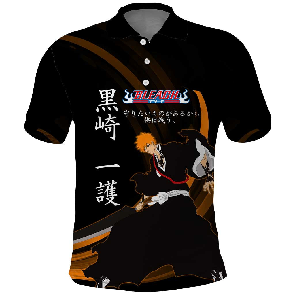 Ichigo Bleach Anime Black and Orange Theme Polo Shirt with Hollow Mask and Japanese Calligraphy Design - The Mazicc