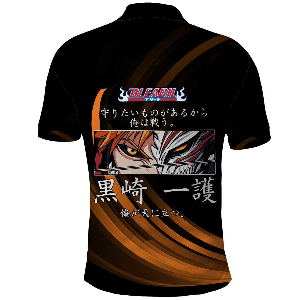 Ichigo Bleach Anime Black and Orange Theme Polo Shirt with Hollow Mask and Japanese Calligraphy Design - The Mazicc