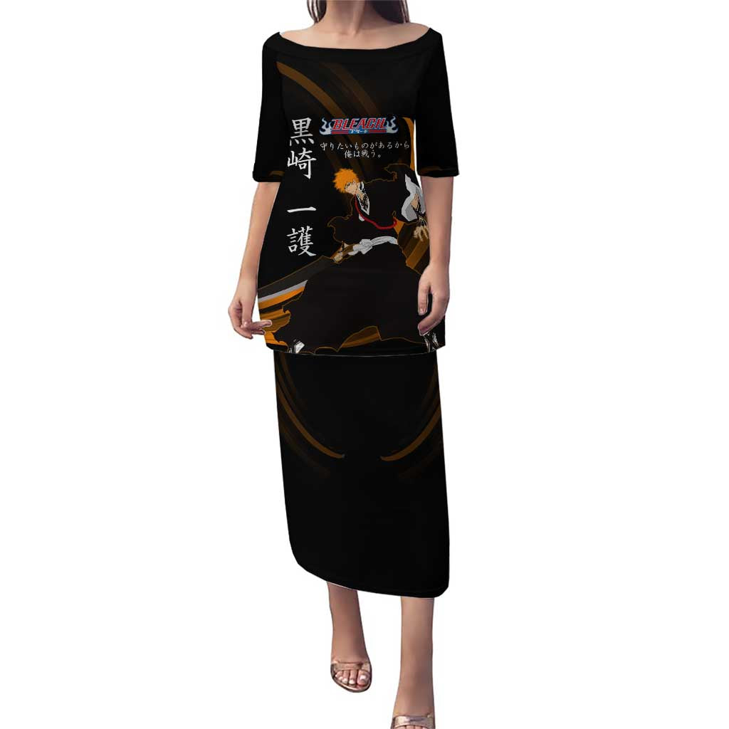 Ichigo Bleach Anime Black and Orange Theme Puletasi with Hollow Mask and Japanese Calligraphy Design - The Mazicc