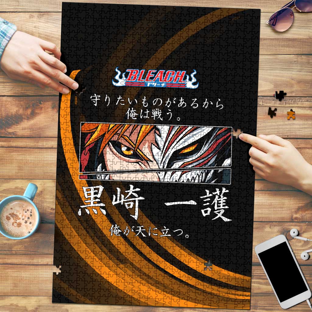 Ichigo Bleach Anime Black and Orange Theme Puzzle with Hollow Mask and Japanese Calligraphy Design - The Mazicc