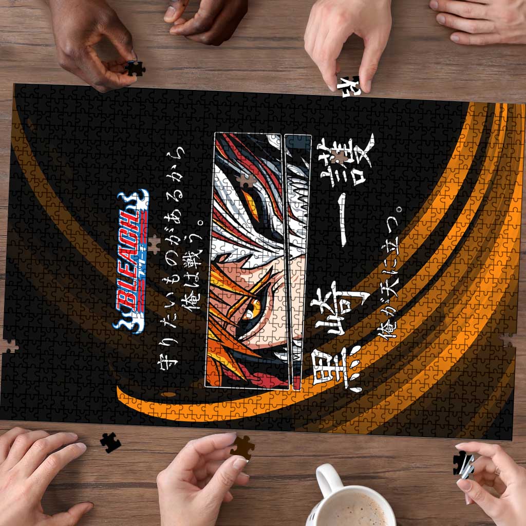 Ichigo Bleach Anime Black and Orange Theme Puzzle with Hollow Mask and Japanese Calligraphy Design - The Mazicc