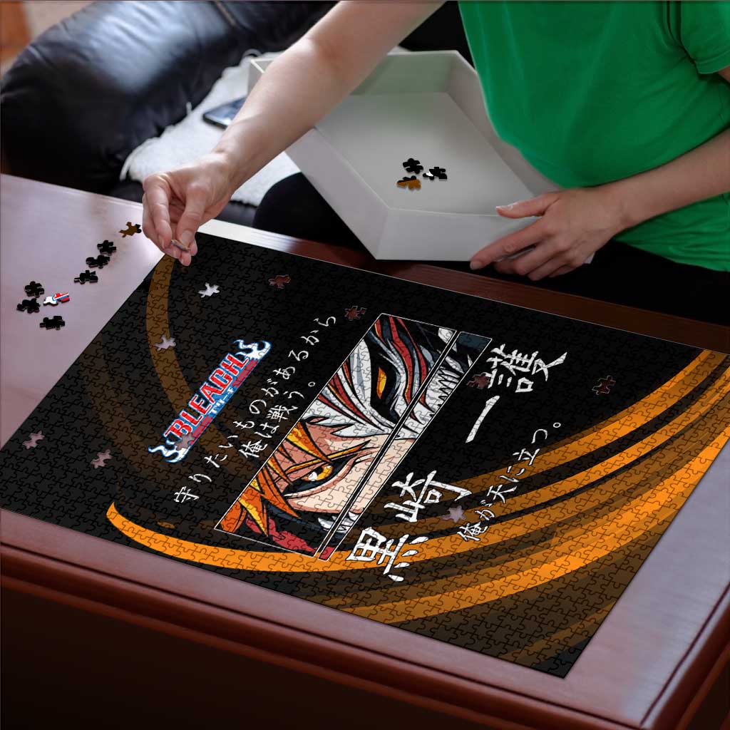 Ichigo Bleach Anime Black and Orange Theme Puzzle with Hollow Mask and Japanese Calligraphy Design - The Mazicc