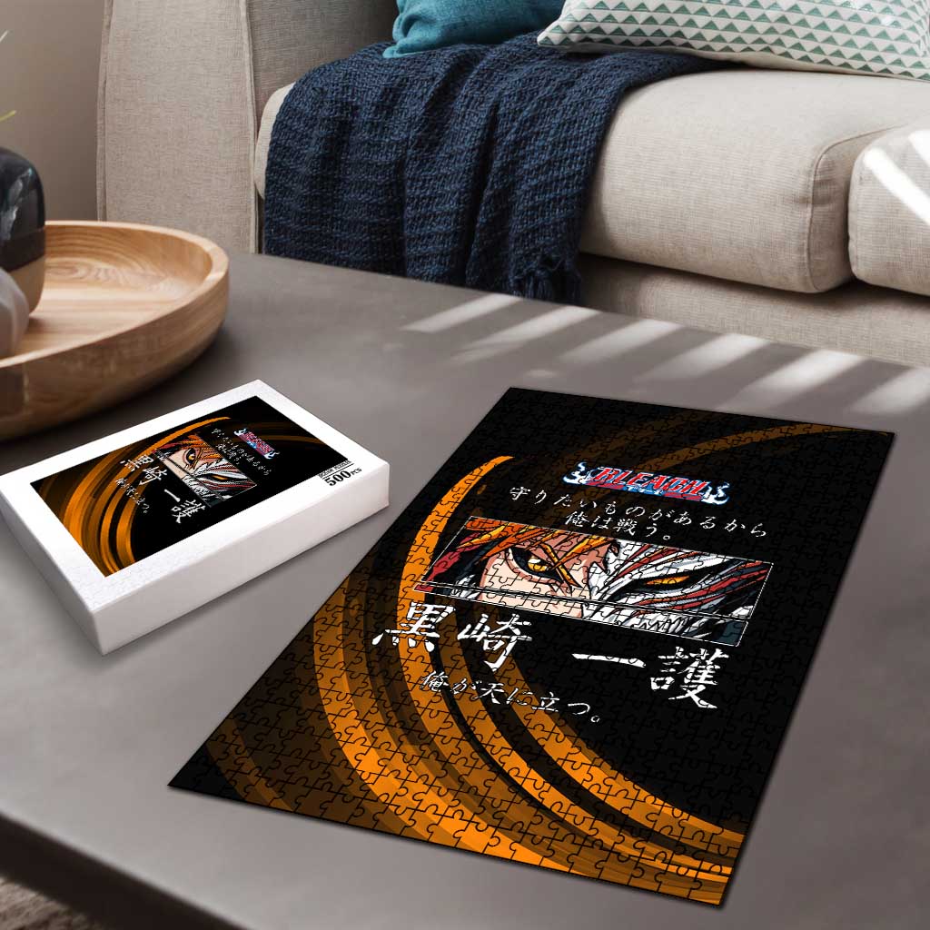 Ichigo Bleach Anime Black and Orange Theme Puzzle with Hollow Mask and Japanese Calligraphy Design - The Mazicc