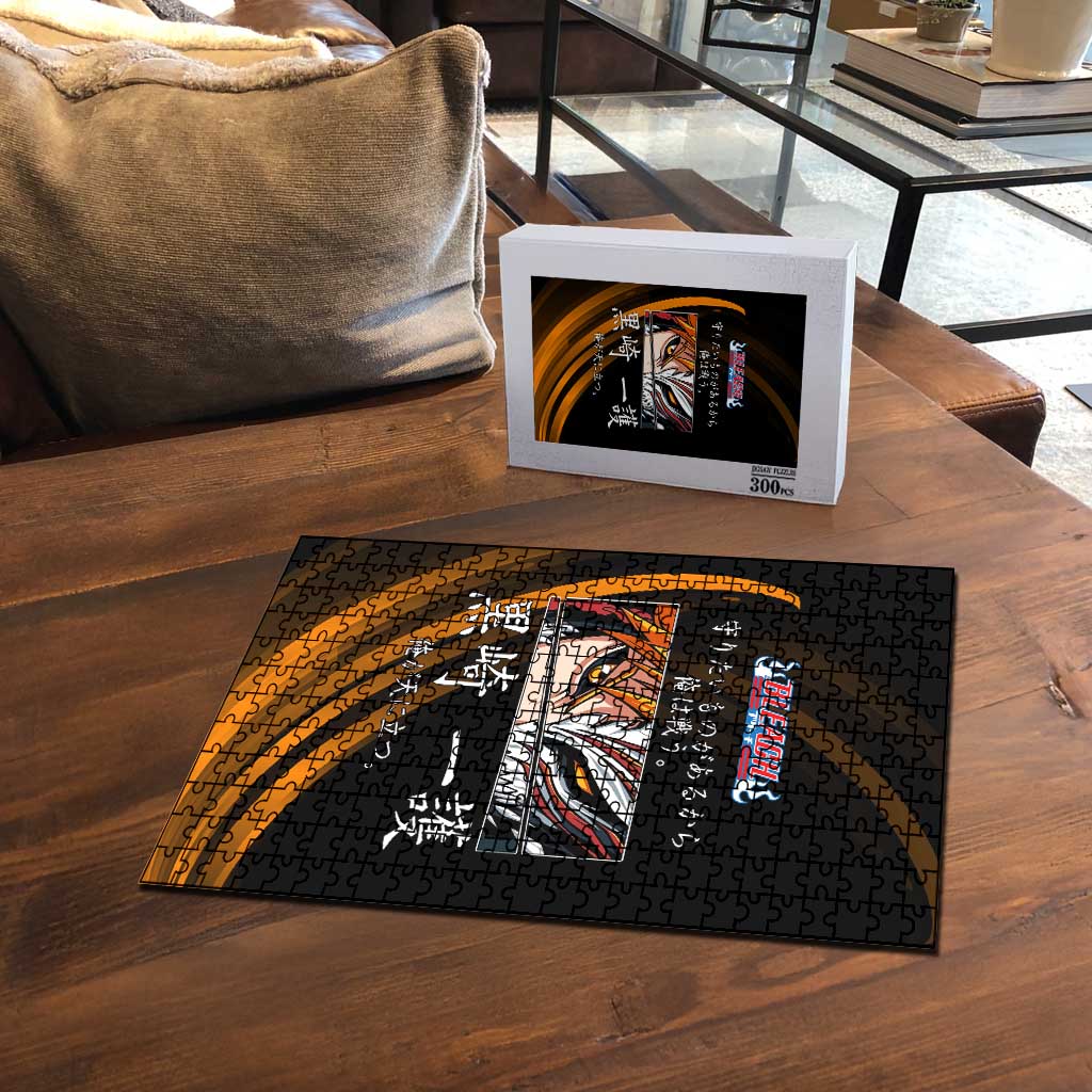 Ichigo Bleach Anime Black and Orange Theme Puzzle with Hollow Mask and Japanese Calligraphy Design - The Mazicc