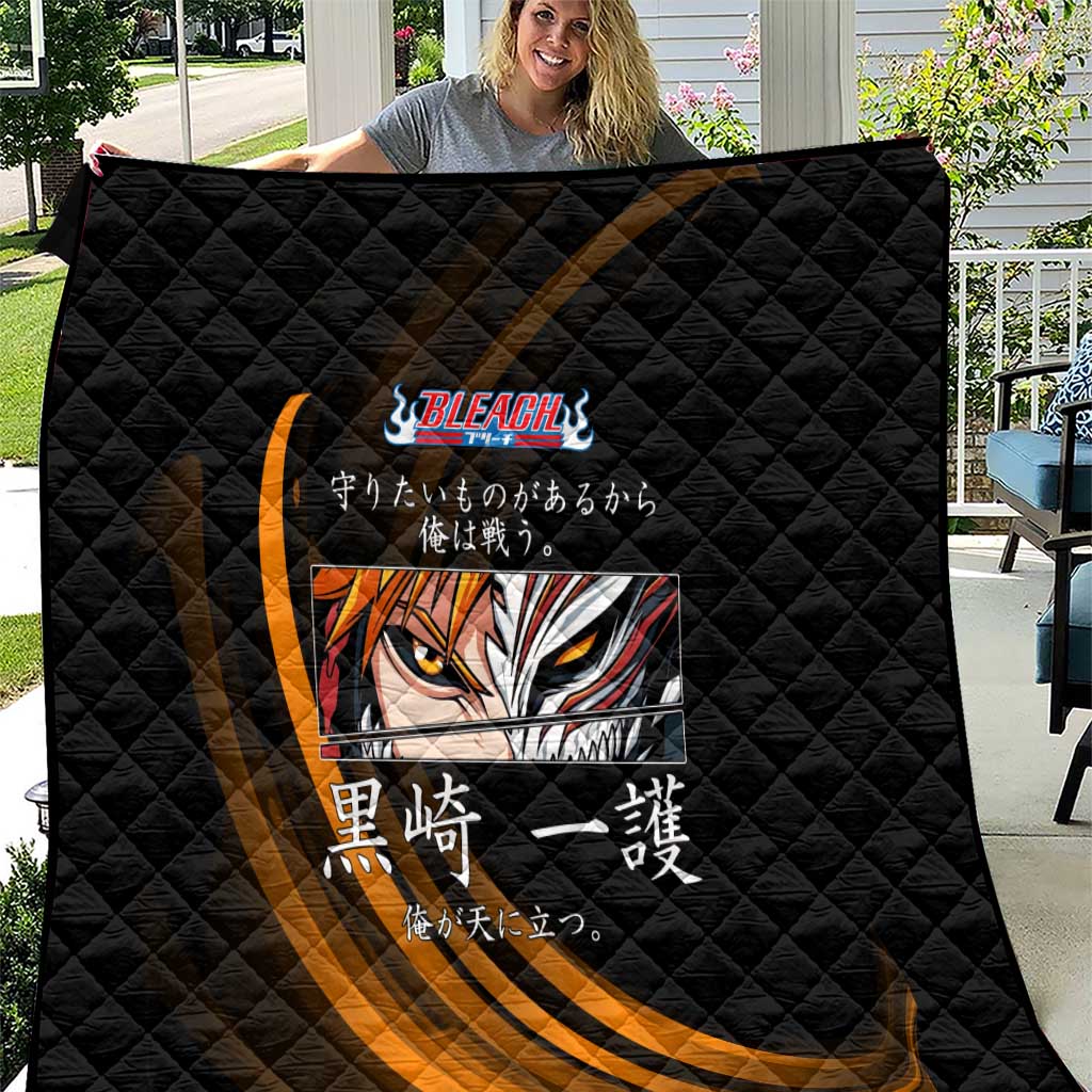 Ichigo Bleach Anime Black and Orange Theme Quilt with Hollow Mask and Japanese Calligraphy Design - The Mazicc