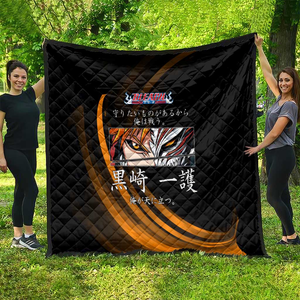 Ichigo Bleach Anime Black and Orange Theme Quilt with Hollow Mask and Japanese Calligraphy Design - The Mazicc