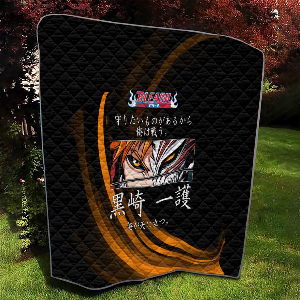 Ichigo Bleach Anime Black and Orange Theme Quilt with Hollow Mask and Japanese Calligraphy Design - The Mazicc