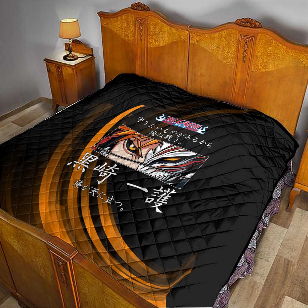 Ichigo Bleach Anime Black and Orange Theme Quilt with Hollow Mask and Japanese Calligraphy Design - The Mazicc