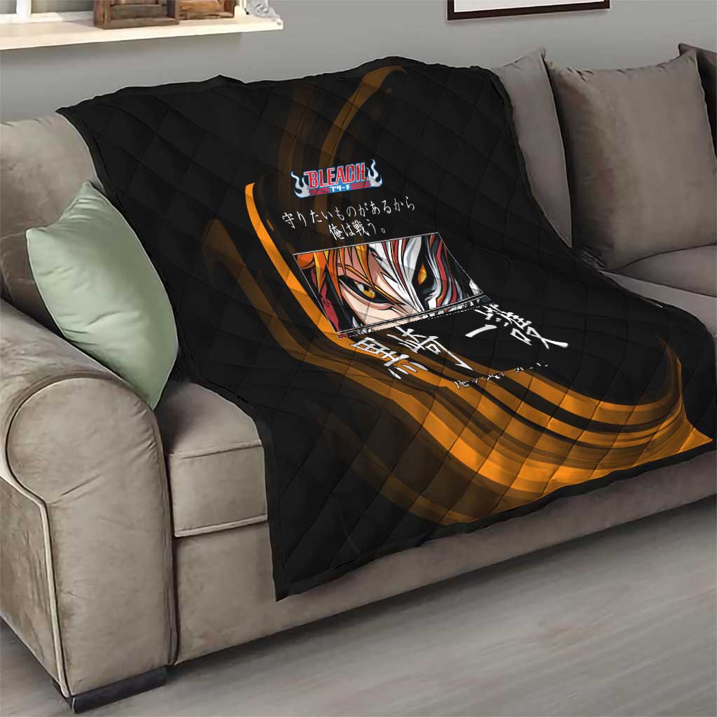 Ichigo Bleach Anime Black and Orange Theme Quilt with Hollow Mask and Japanese Calligraphy Design - The Mazicc