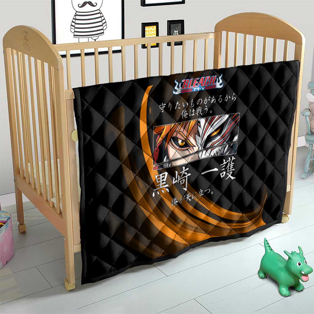 Ichigo Bleach Anime Black and Orange Theme Quilt with Hollow Mask and Japanese Calligraphy Design - The Mazicc