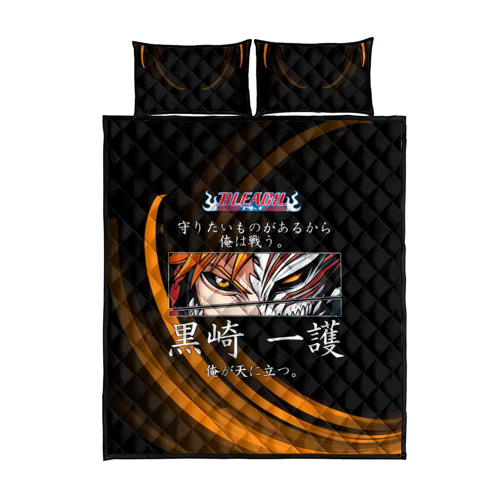 Ichigo Bleach Anime Black and Orange Theme Quilt Bed Set with Hollow Mask and Japanese Calligraphy Design - The Mazicc