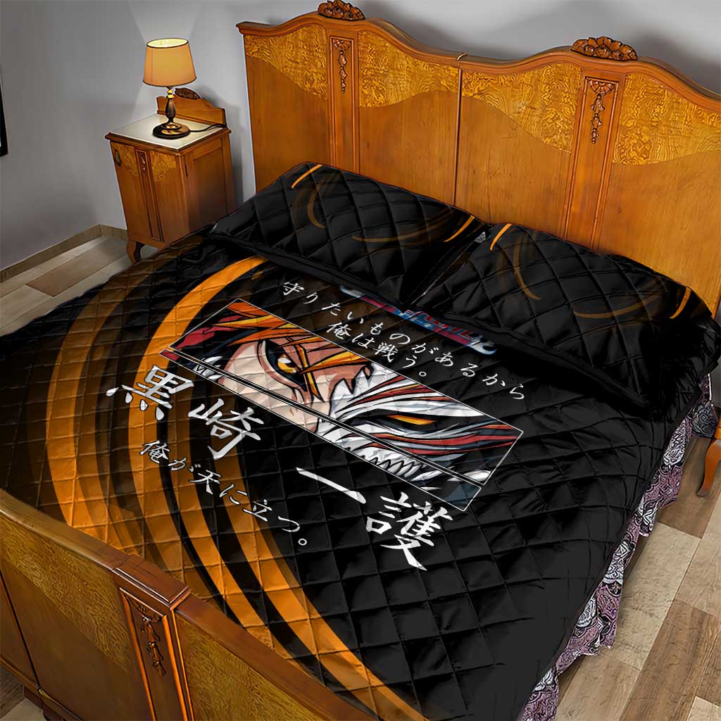 Ichigo Bleach Anime Black and Orange Theme Quilt Bed Set with Hollow Mask and Japanese Calligraphy Design - The Mazicc