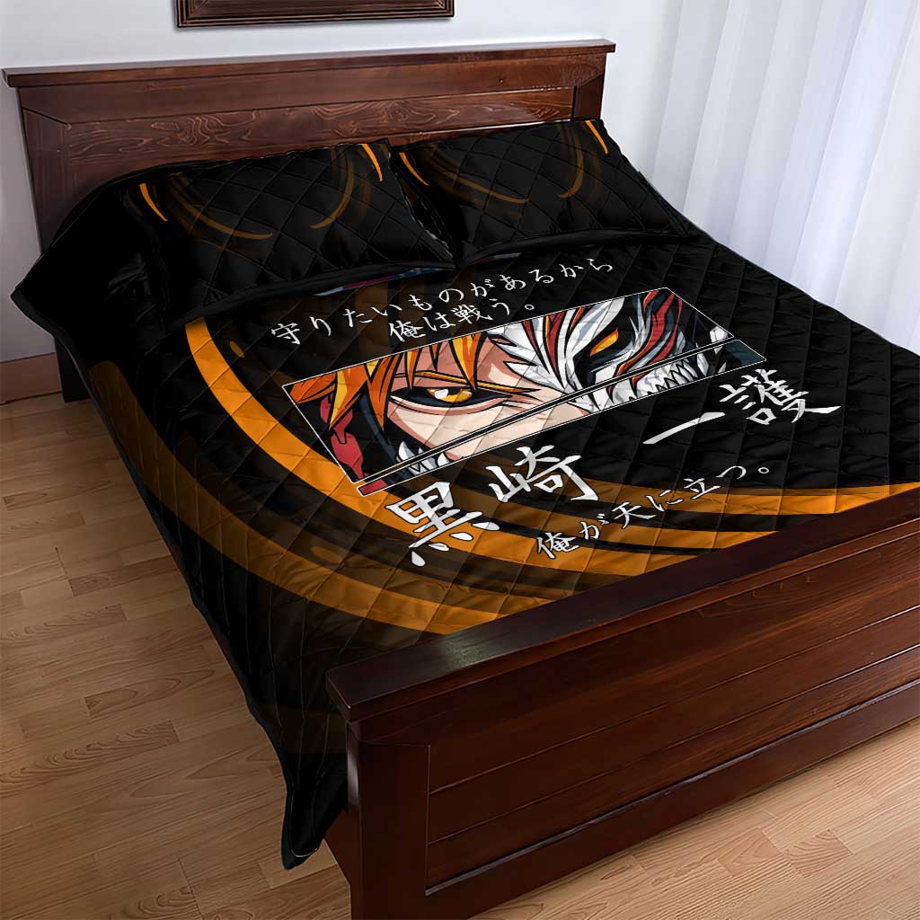 Ichigo Bleach Anime Black and Orange Theme Quilt Bed Set with Hollow Mask and Japanese Calligraphy Design - The Mazicc