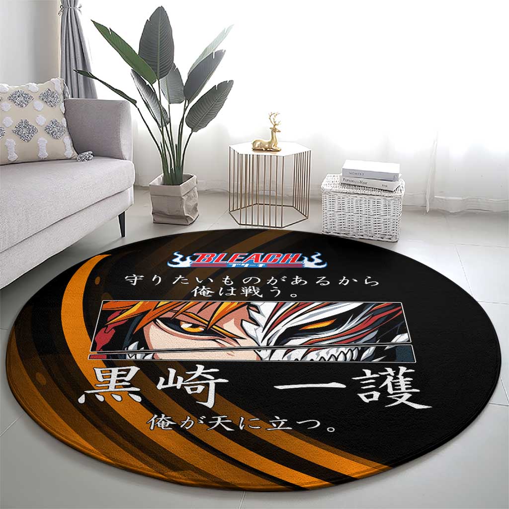Ichigo Bleach Anime Black and Orange Theme Round Carpet with Hollow Mask and Japanese Calligraphy Design - The Mazicc