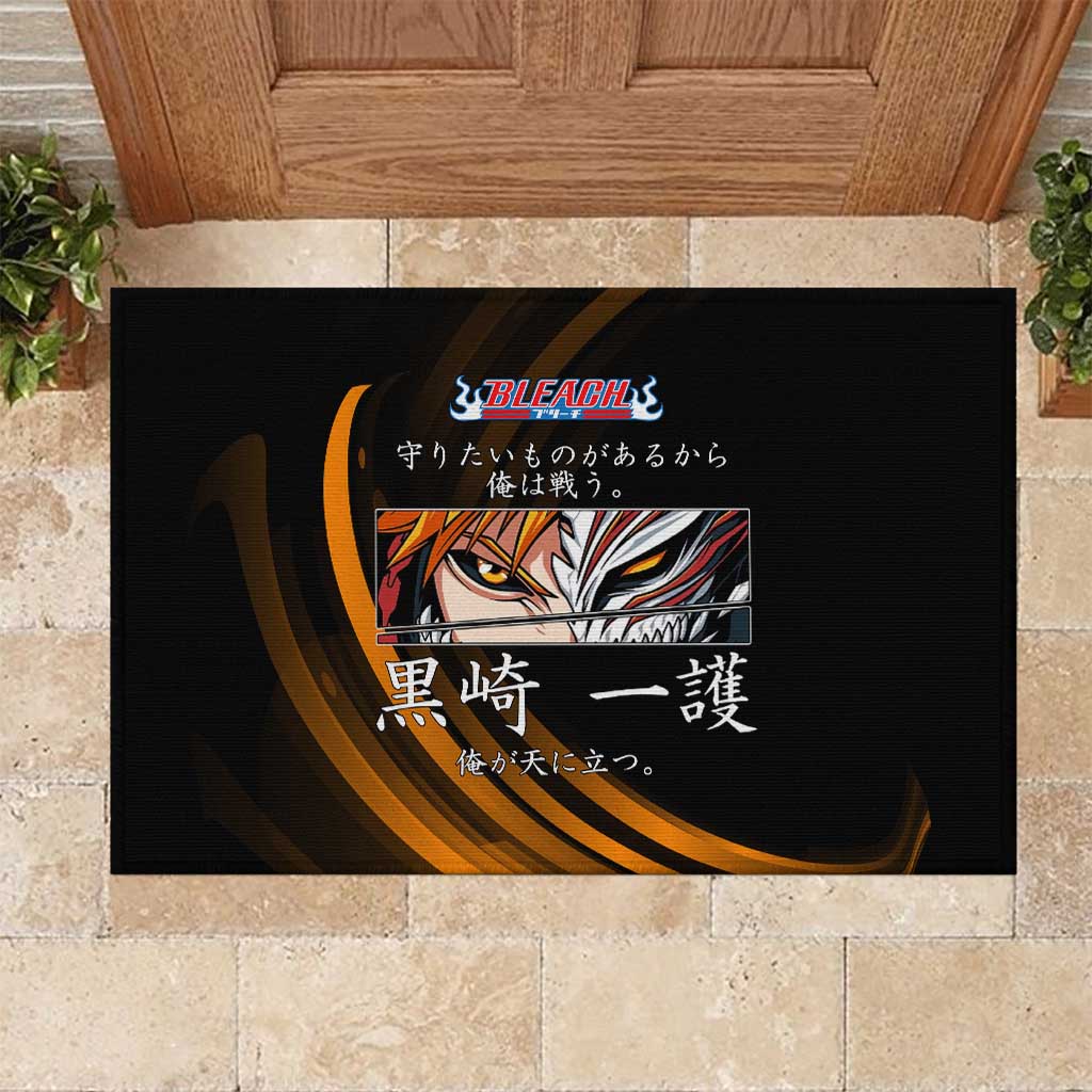 Ichigo Bleach Anime Black and Orange Theme Rubber Doormat with Hollow Mask and Japanese Calligraphy Design - The Mazicc