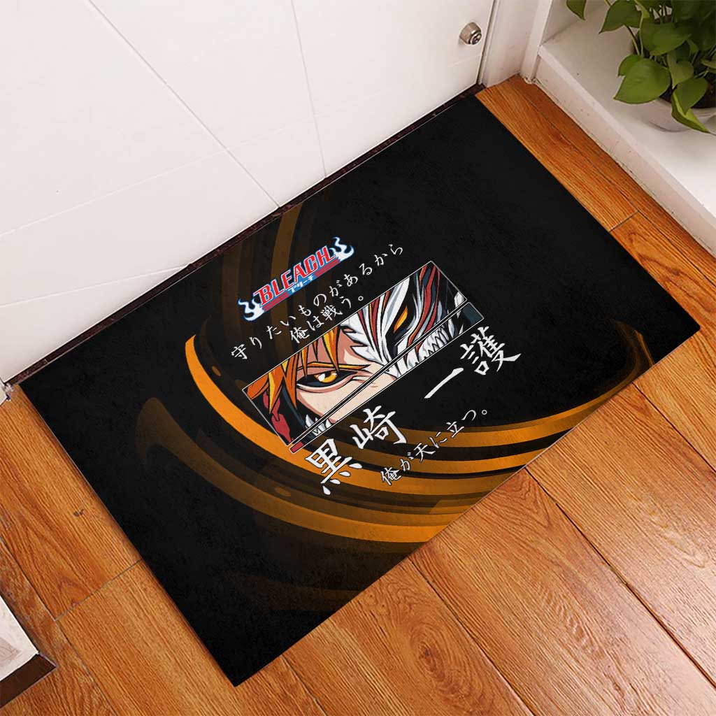 Ichigo Bleach Anime Black and Orange Theme Rubber Doormat with Hollow Mask and Japanese Calligraphy Design - The Mazicc