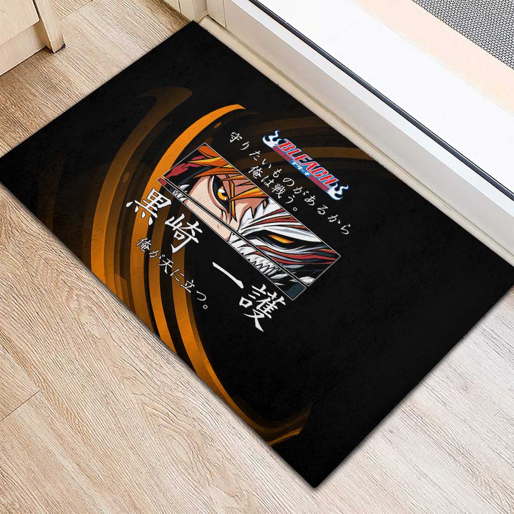 Ichigo Bleach Anime Black and Orange Theme Rubber Doormat with Hollow Mask and Japanese Calligraphy Design - The Mazicc