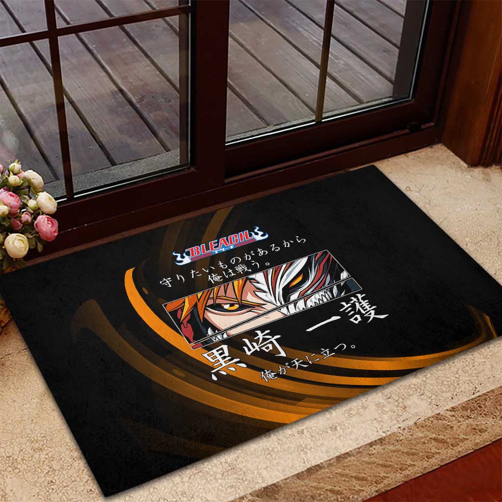Ichigo Bleach Anime Black and Orange Theme Rubber Doormat with Hollow Mask and Japanese Calligraphy Design - The Mazicc