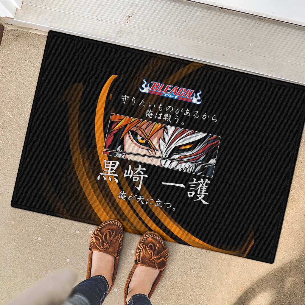 Ichigo Bleach Anime Black and Orange Theme Rubber Doormat with Hollow Mask and Japanese Calligraphy Design - The Mazicc