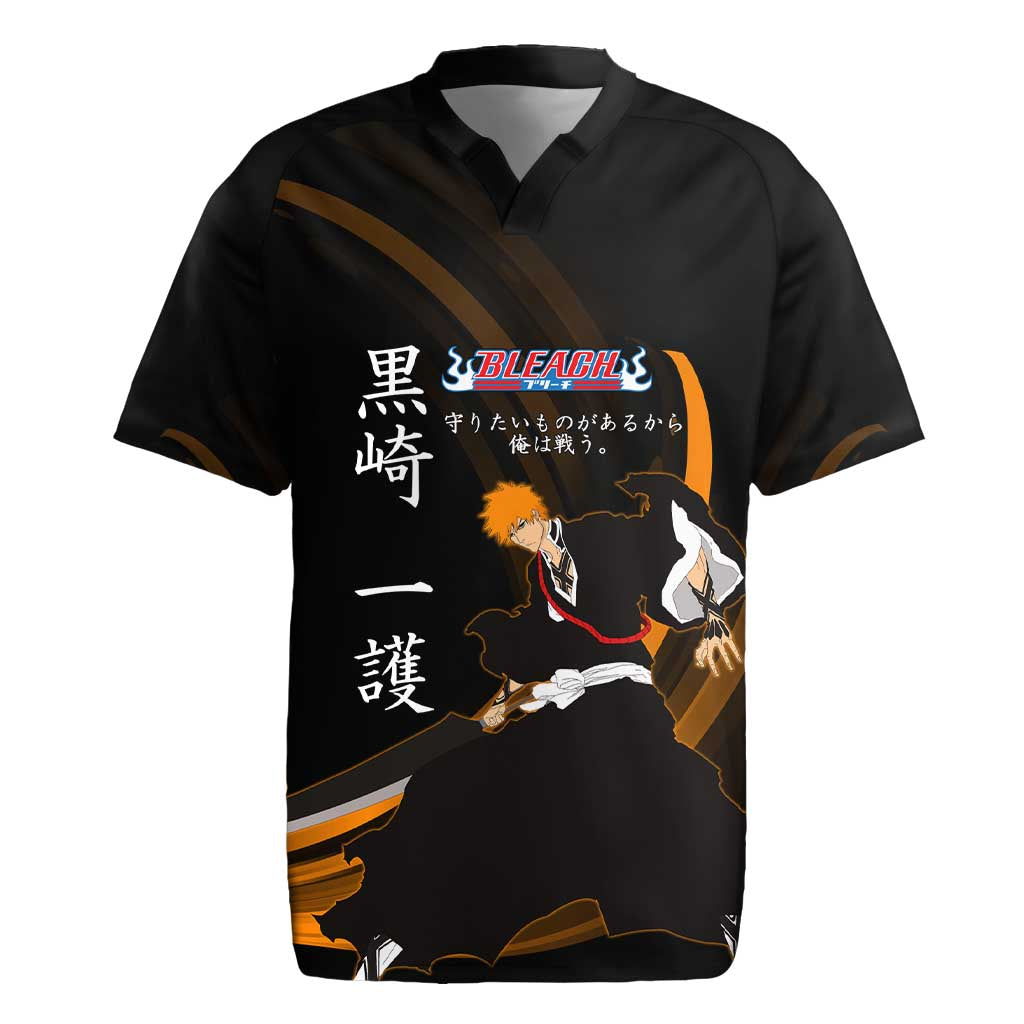 Ichigo Bleach Anime Black and Orange Theme Rugby Jersey with Hollow Mask and Japanese Calligraphy Design - The Mazicc