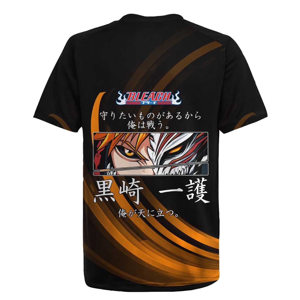 Ichigo Bleach Anime Black and Orange Theme Rugby Jersey with Hollow Mask and Japanese Calligraphy Design - The Mazicc