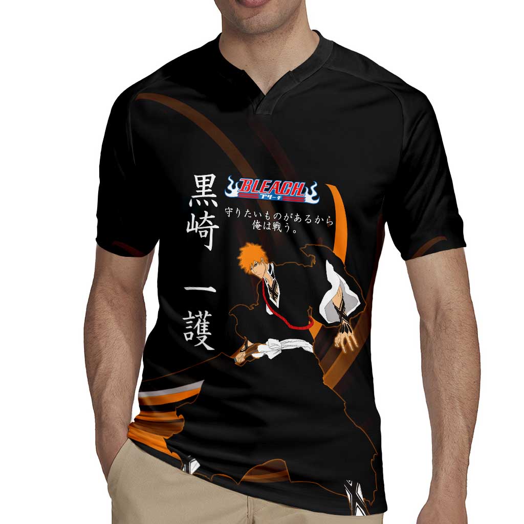 Ichigo Bleach Anime Black and Orange Theme Rugby Jersey with Hollow Mask and Japanese Calligraphy Design - The Mazicc