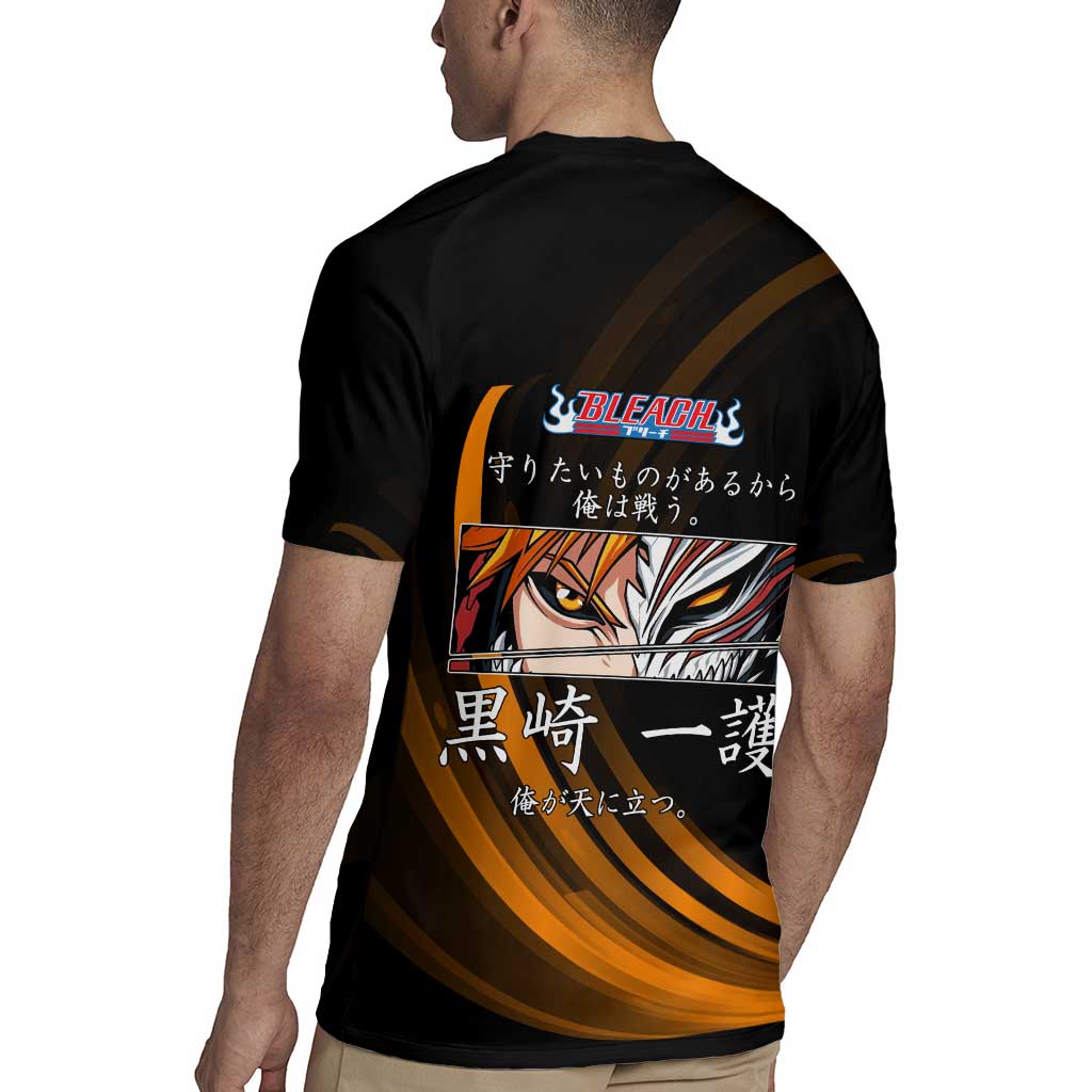 Ichigo Bleach Anime Black and Orange Theme Rugby Jersey with Hollow Mask and Japanese Calligraphy Design - The Mazicc