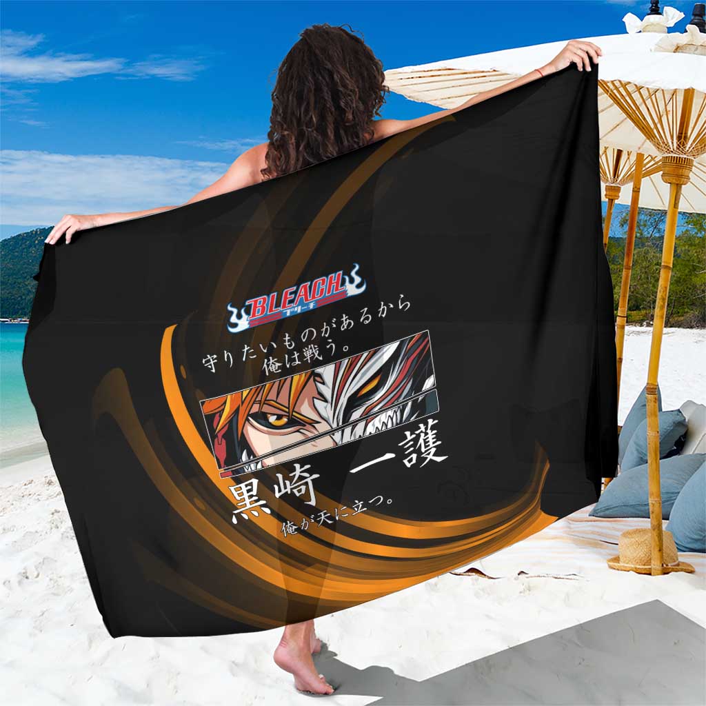 Ichigo Bleach Anime Black and Orange Theme Sarong with Hollow Mask and Japanese Calligraphy Design - The Mazicc