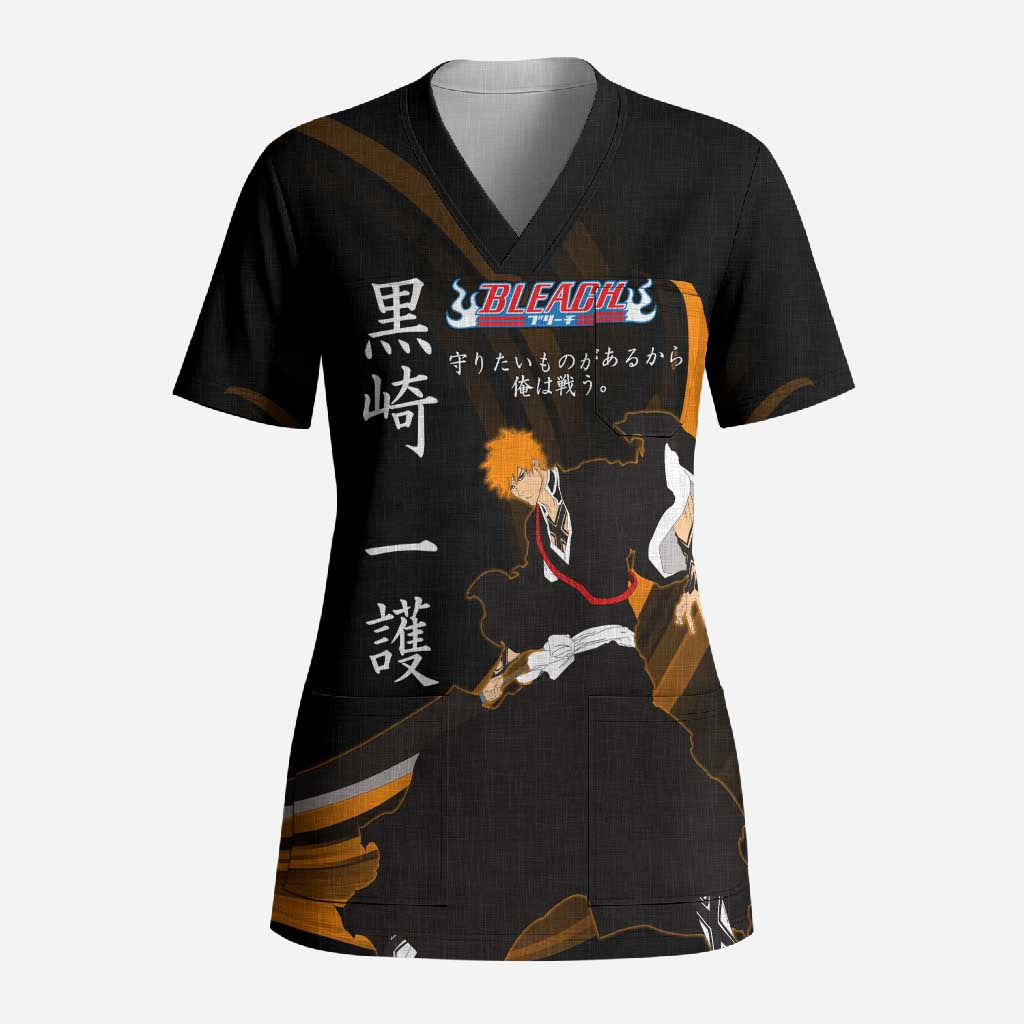 Ichigo Bleach Anime Black and Orange Theme Scrub Top with Hollow Mask and Japanese Calligraphy Design - The Mazicc