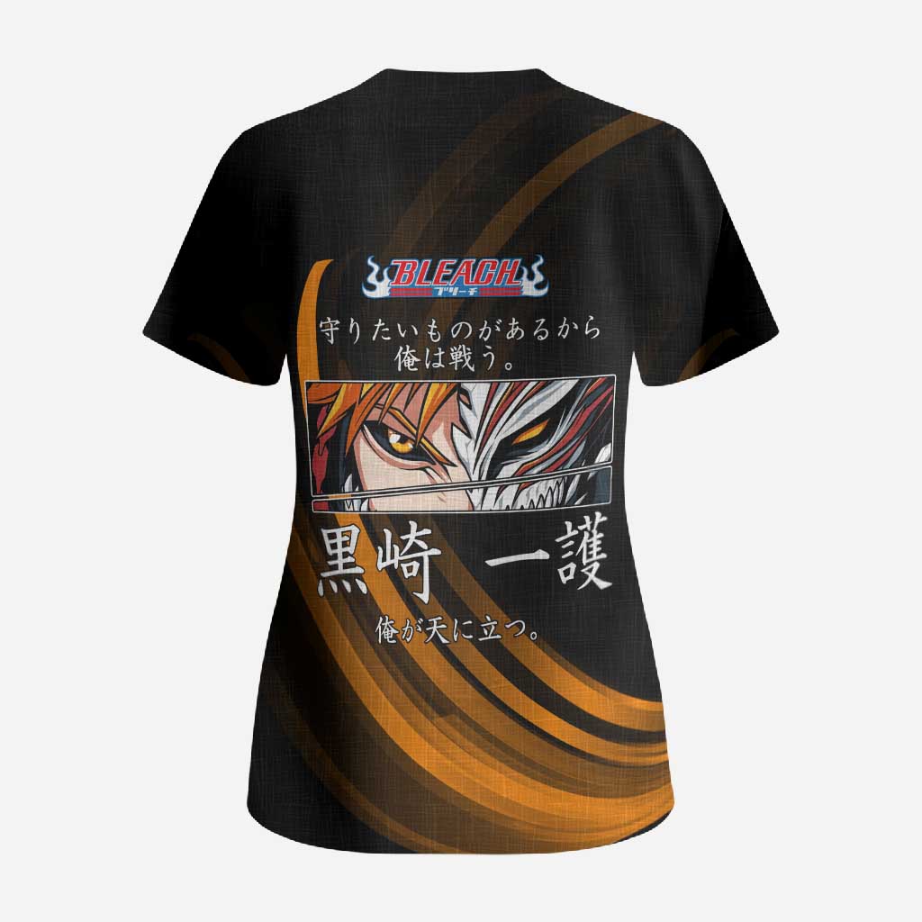 Ichigo Bleach Anime Black and Orange Theme Scrub Top with Hollow Mask and Japanese Calligraphy Design - The Mazicc