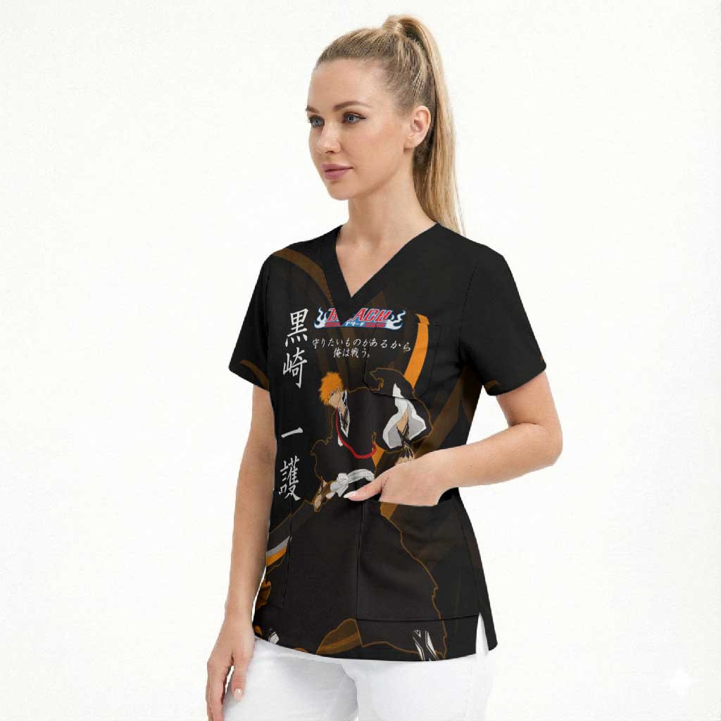 Ichigo Bleach Anime Black and Orange Theme Scrub Top with Hollow Mask and Japanese Calligraphy Design - The Mazicc