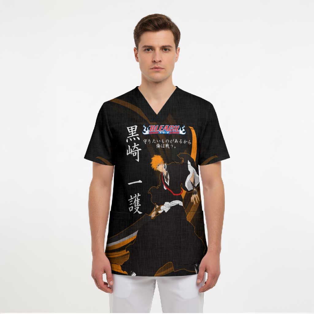 Ichigo Bleach Anime Black and Orange Theme Scrub Top with Hollow Mask and Japanese Calligraphy Design - The Mazicc