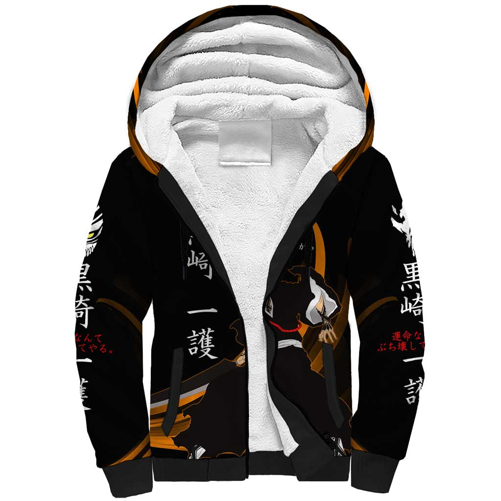 Ichigo Bleach Anime Black and Orange Theme Sherpa Hoodie with Hollow Mask and Japanese Calligraphy Design - The Mazicc