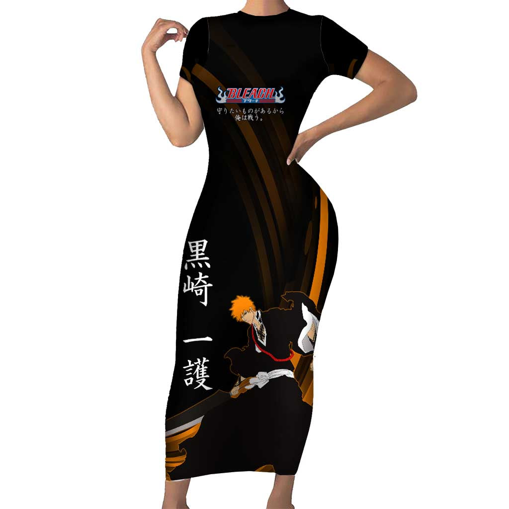 Ichigo Bleach Anime Black and Orange Theme Short Sleeve Bodycon Dress with Hollow Mask and Japanese Calligraphy Design - The Mazicc