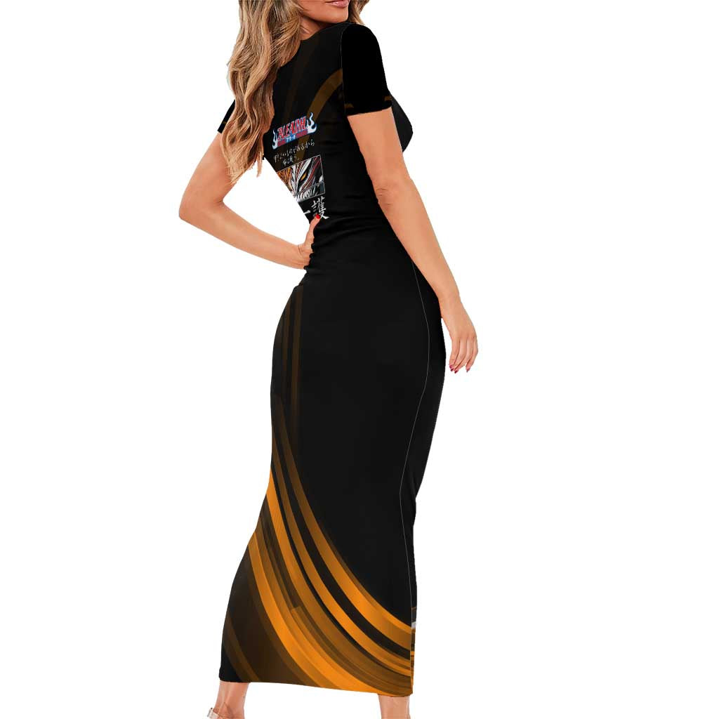 Ichigo Bleach Anime Black and Orange Theme Short Sleeve Bodycon Dress with Hollow Mask and Japanese Calligraphy Design - The Mazicc