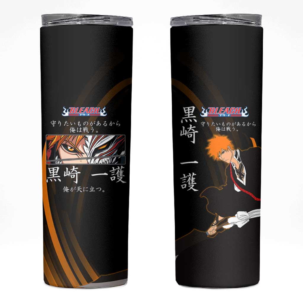 Ichigo Bleach Anime Black and Orange Theme Skinny Tumbler with Hollow Mask and Japanese Calligraphy Design - The Mazicc