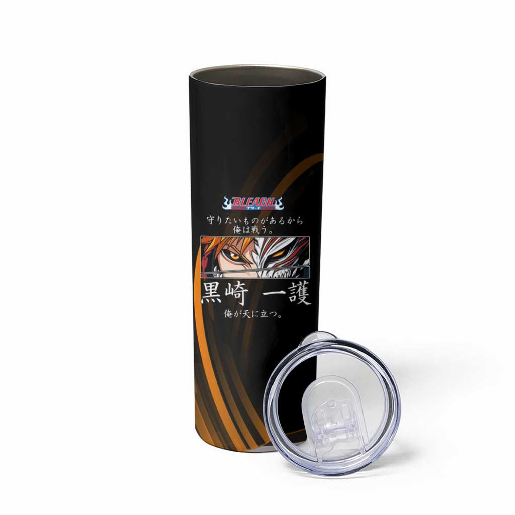 Ichigo Bleach Anime Black and Orange Theme Skinny Tumbler with Hollow Mask and Japanese Calligraphy Design - The Mazicc