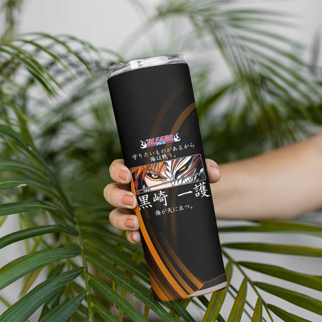 Ichigo Bleach Anime Black and Orange Theme Skinny Tumbler with Hollow Mask and Japanese Calligraphy Design - The Mazicc
