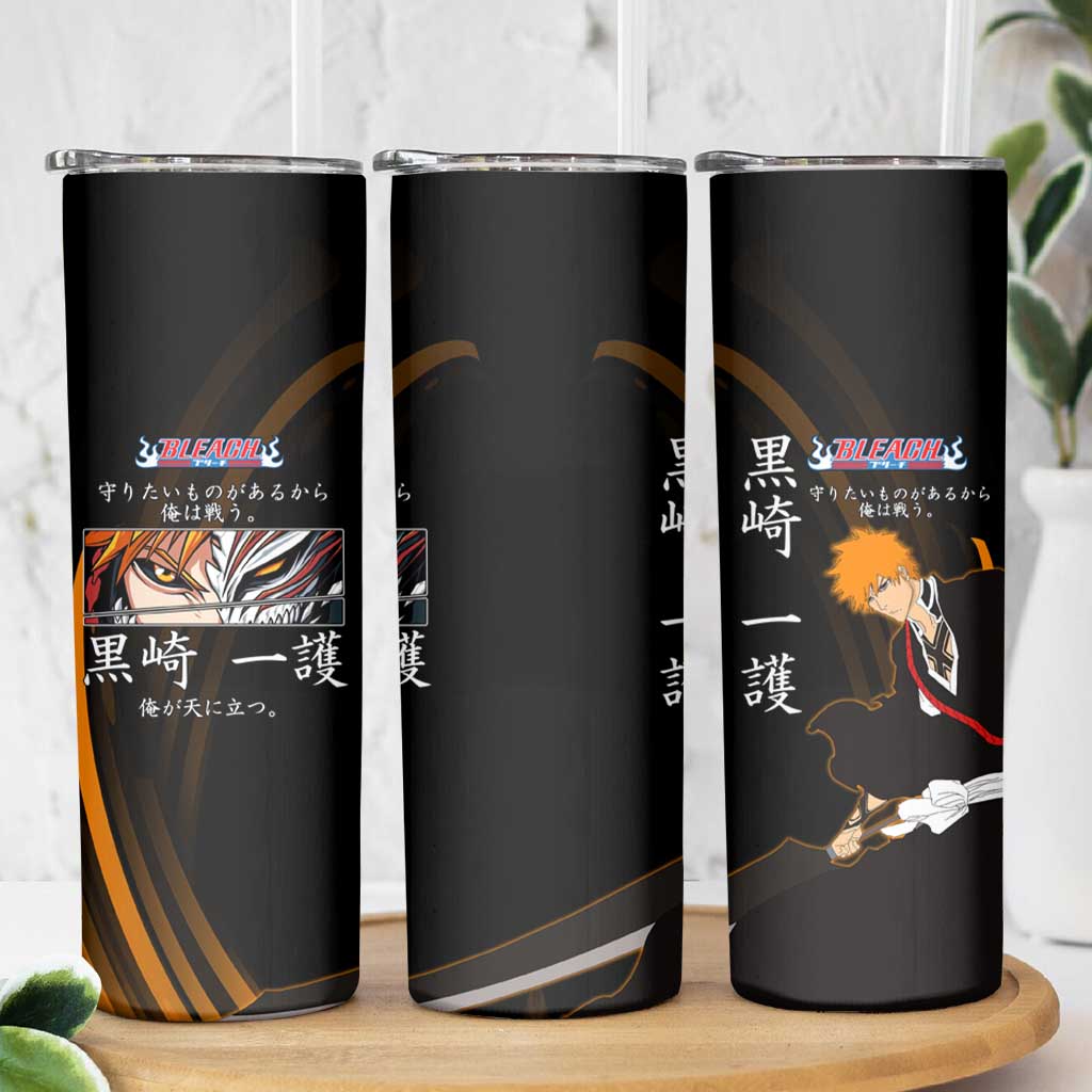 Ichigo Bleach Anime Black and Orange Theme Skinny Tumbler with Hollow Mask and Japanese Calligraphy Design - The Mazicc