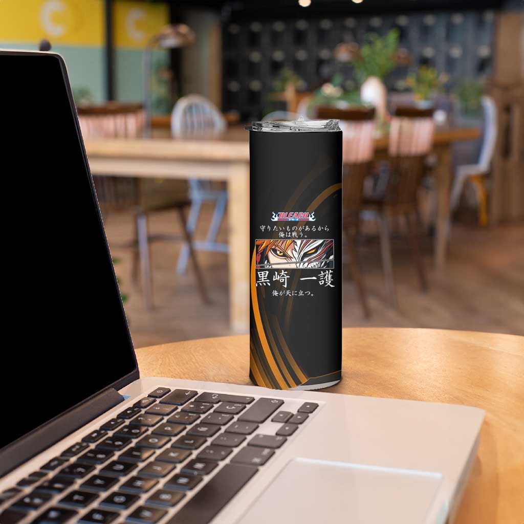 Ichigo Bleach Anime Black and Orange Theme Skinny Tumbler with Hollow Mask and Japanese Calligraphy Design - The Mazicc