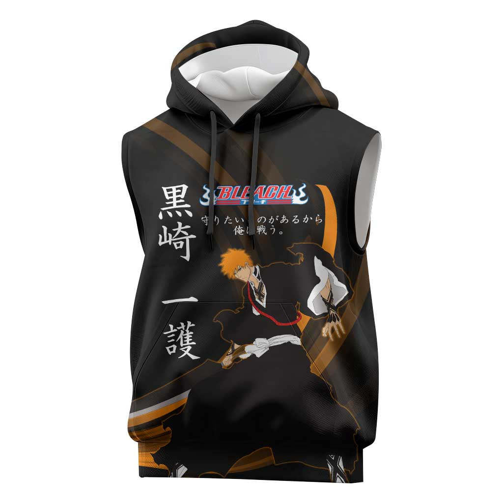 Ichigo Bleach Anime Black and Orange Theme Sleeveless Hoodie with Hollow Mask and Japanese Calligraphy Design - The Mazicc