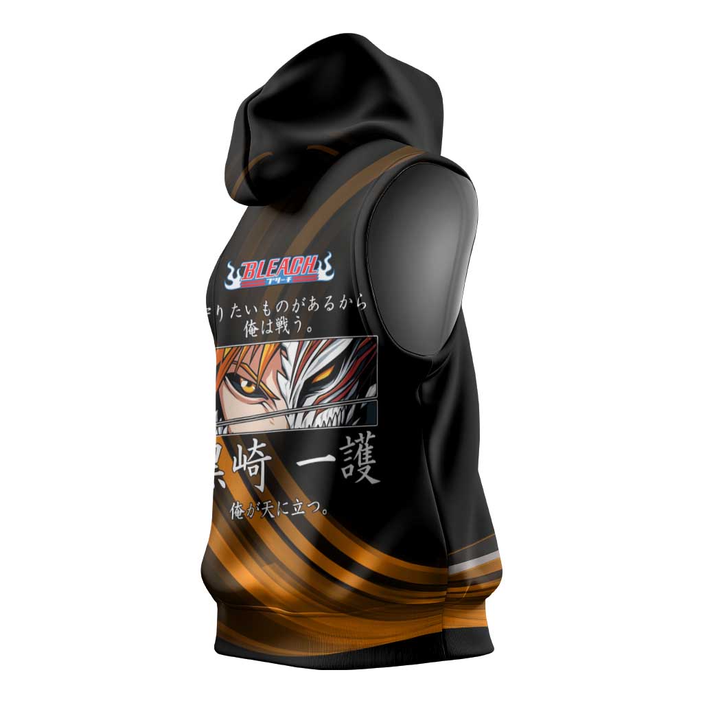 Ichigo Bleach Anime Black and Orange Theme Sleeveless Hoodie with Hollow Mask and Japanese Calligraphy Design - The Mazicc