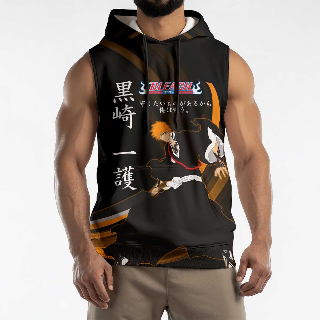Ichigo Bleach Anime Black and Orange Theme Sleeveless Hoodie with Hollow Mask and Japanese Calligraphy Design - The Mazicc