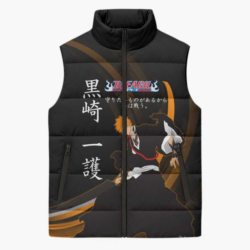 Ichigo Bleach Anime Black and Orange Theme Sleeveless Puffer Jacket with Hollow Mask and Japanese Calligraphy Design - The Mazicc